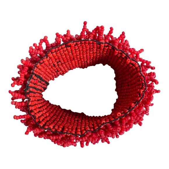 Handmade Red Beaded Stretch Cuff Bracelet Coral Look Beach Boho Wide Statement - Picture 2 of 5